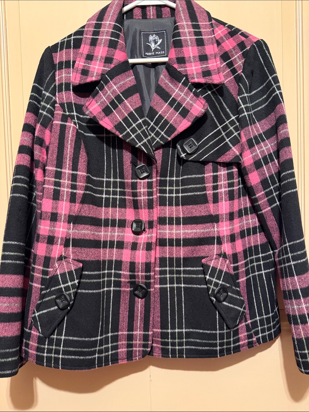 Abbey Hays Women’s Pink & Black Plaid Peacoat Jacket